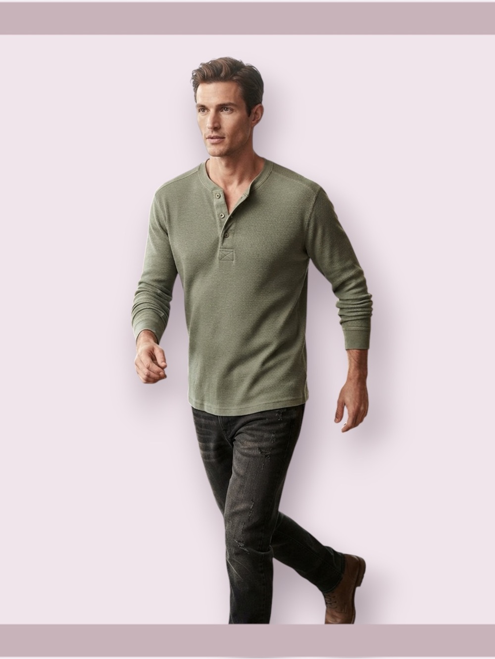 Vintage Naturalife Sage Green Long Sleeve Waffle Knit Henley